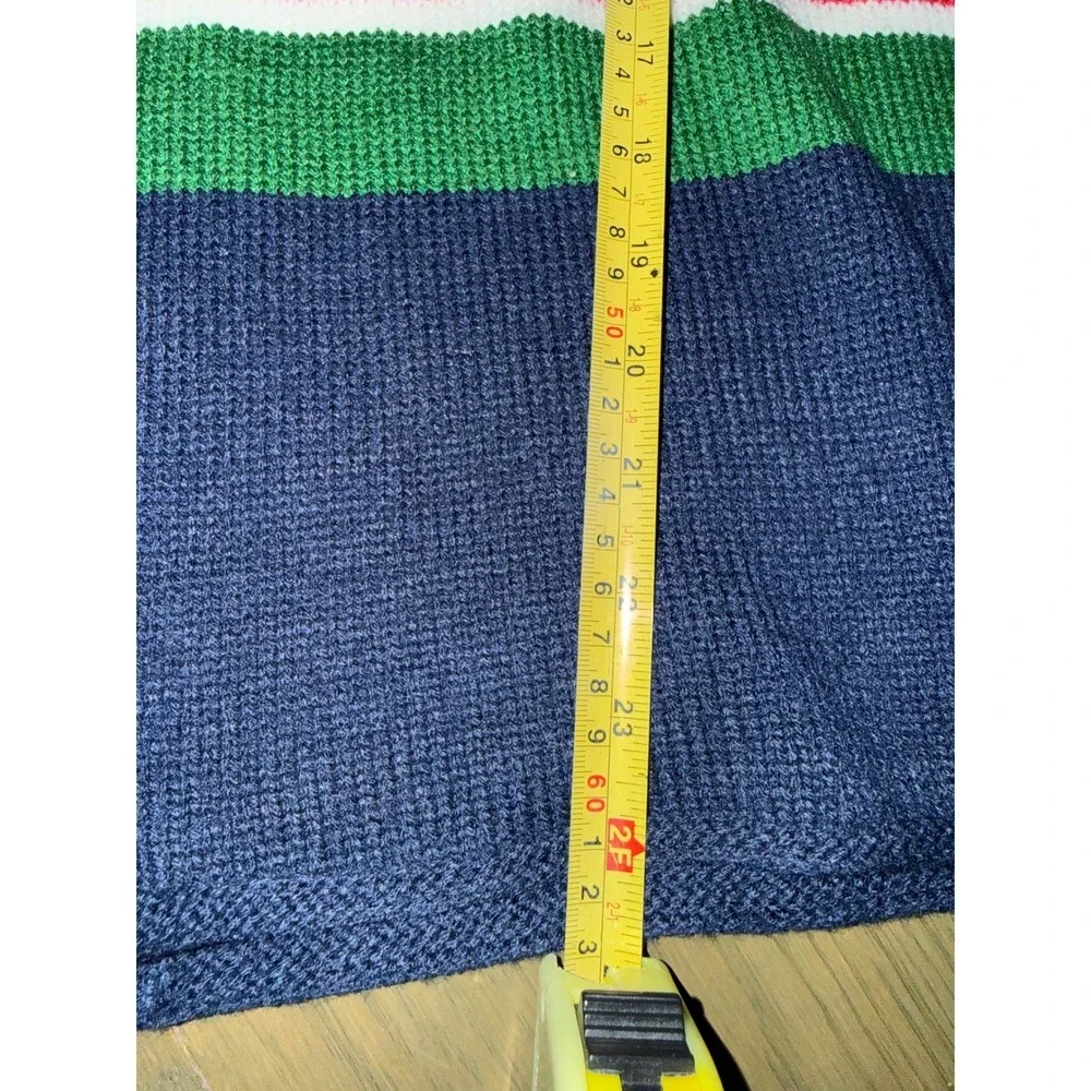 Vintage Style Chunky Knit Striped Sweater Navy Green Red Mock Neck Oversized L‎